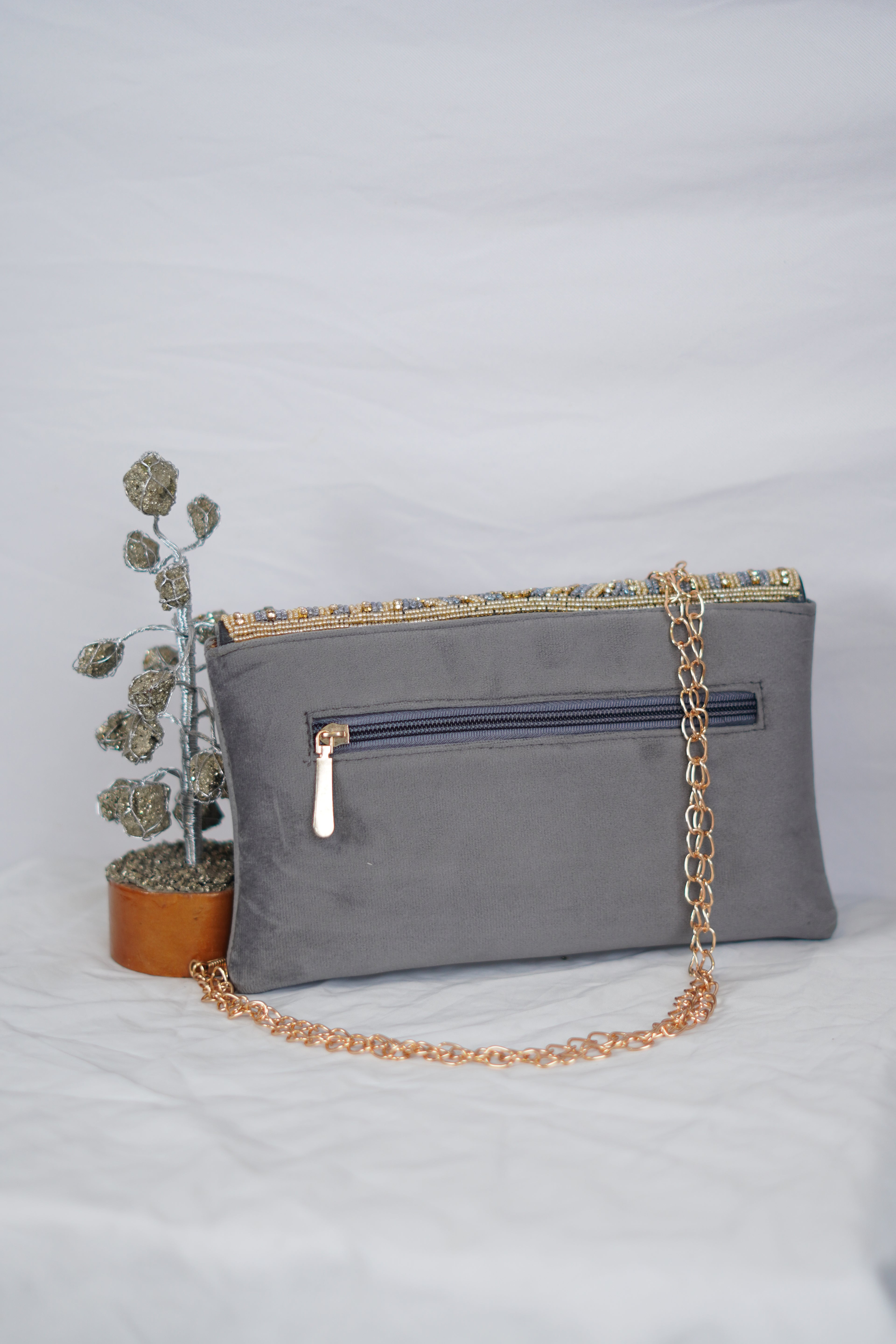 Stone Work Grey Envelope Clutch
