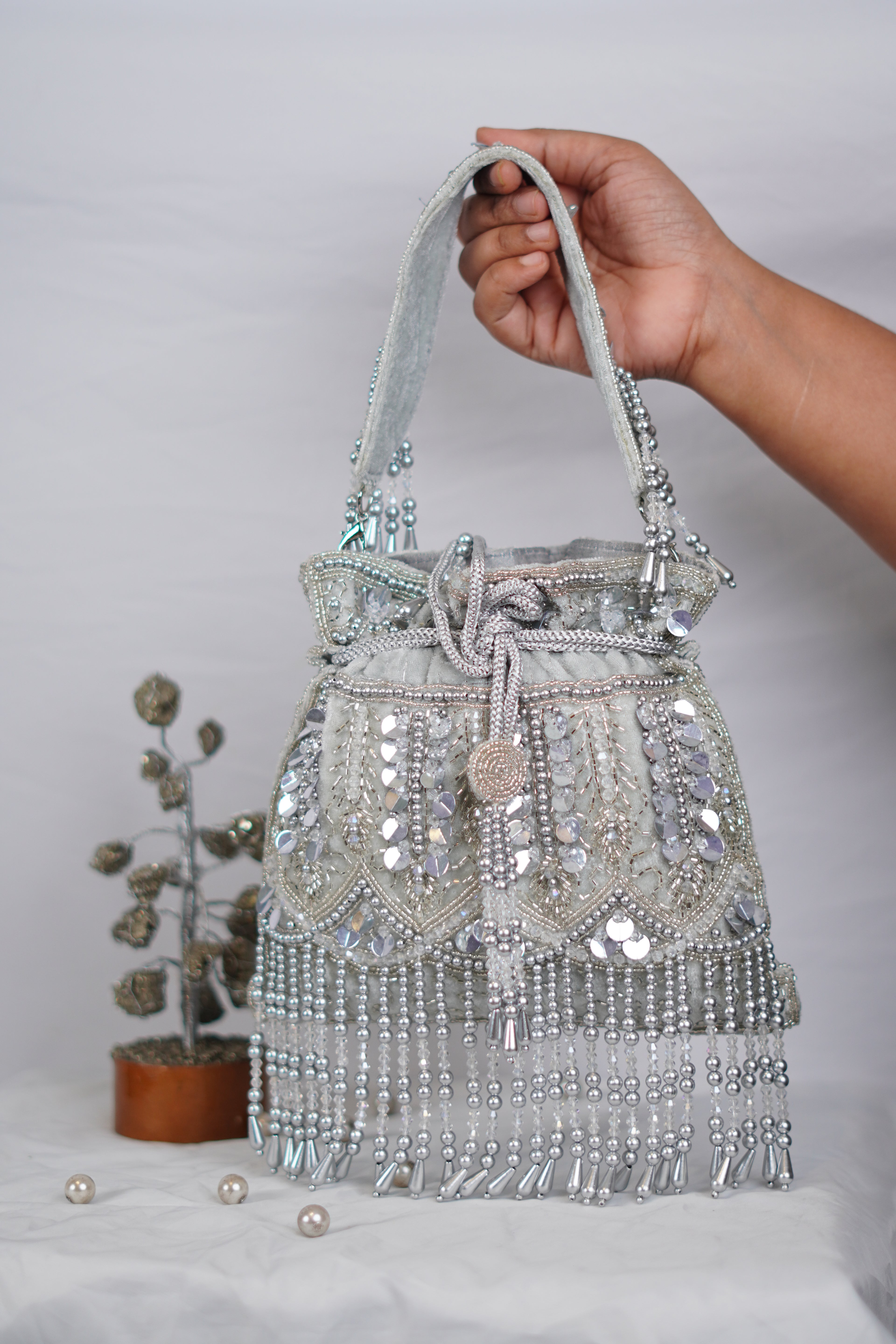 Sequinned Silver Potli bag