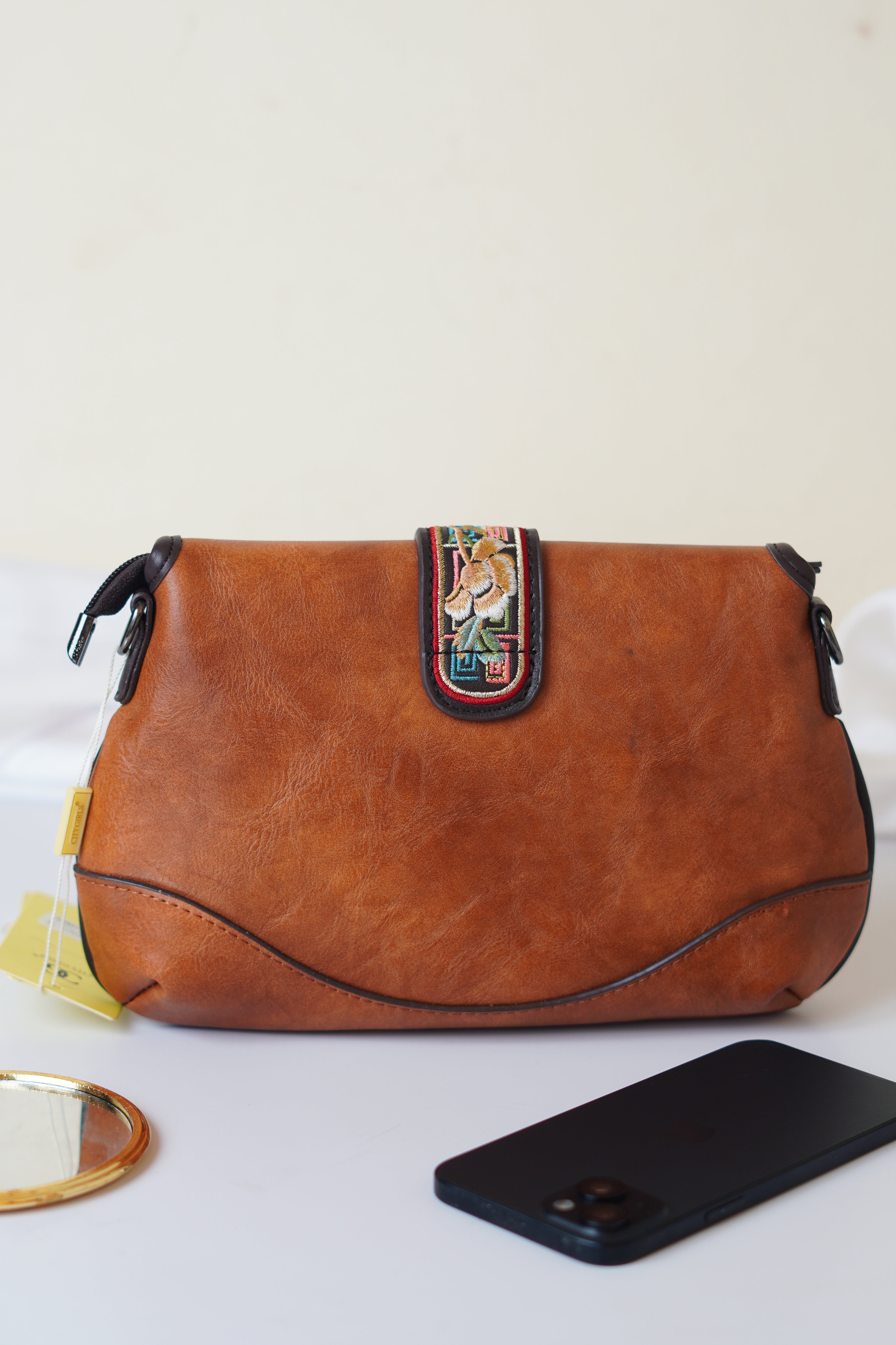 Embroidered Sling bag, brown