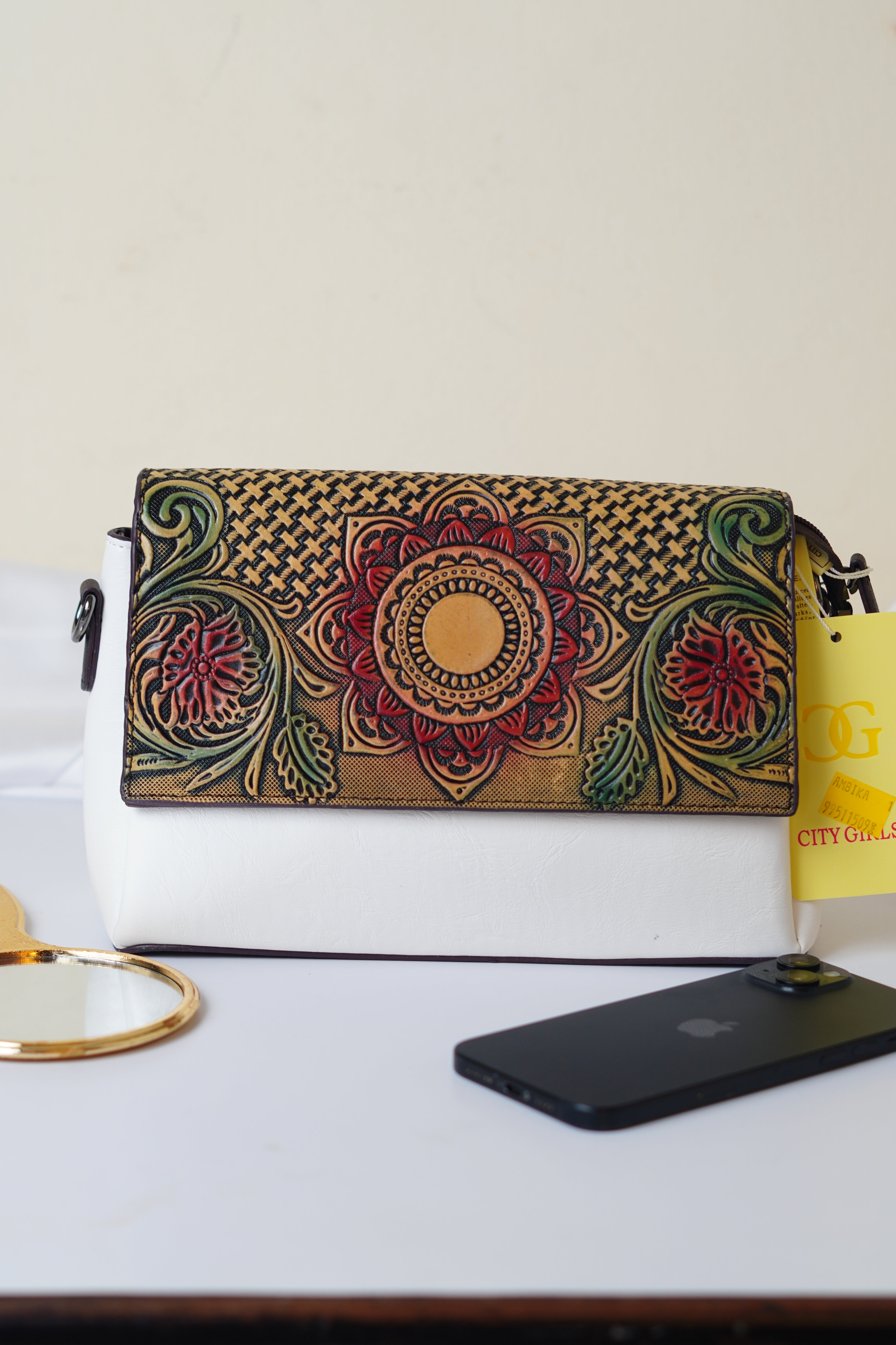White & brown sling bag