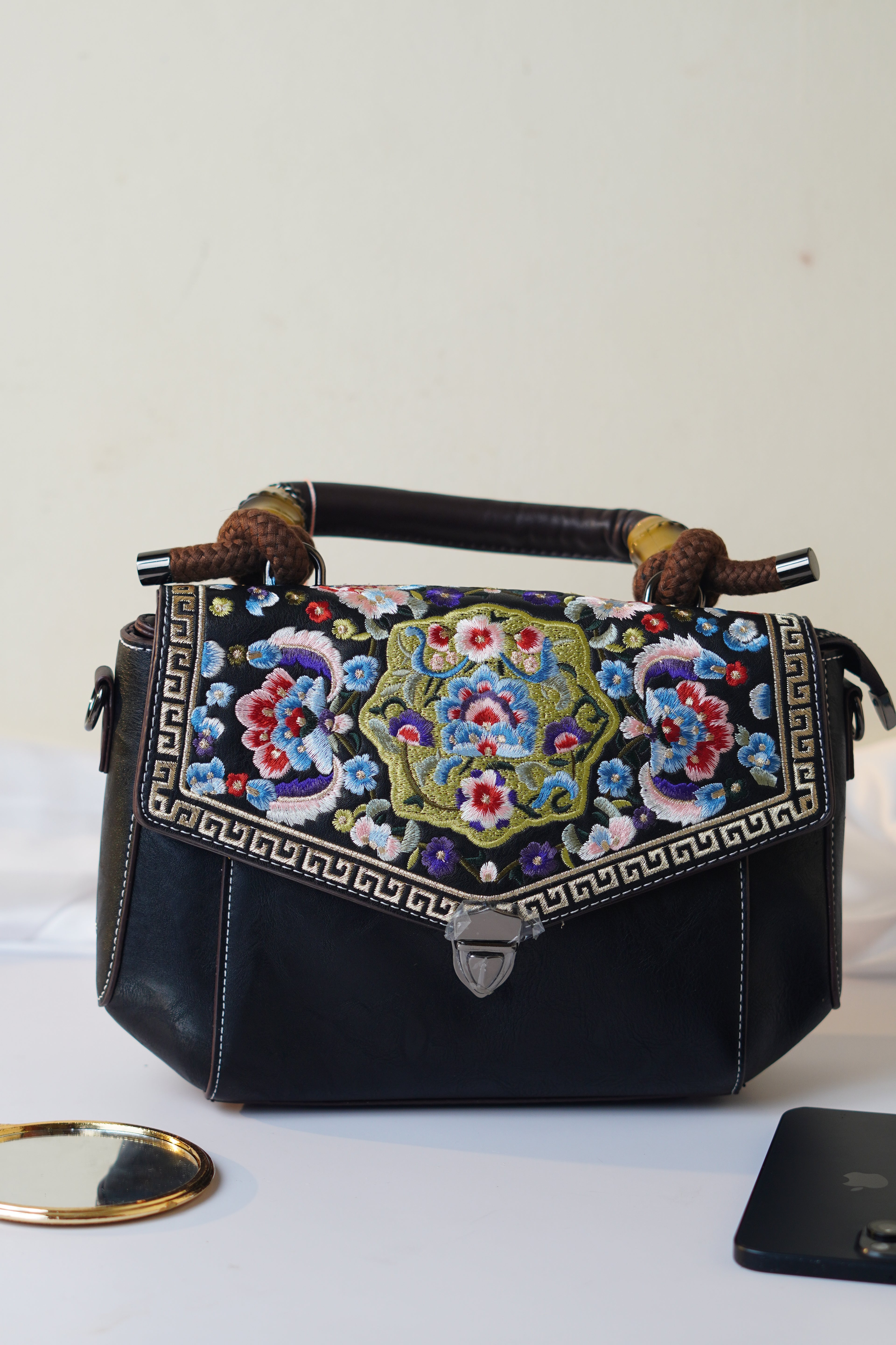 Embroidered black Satchel