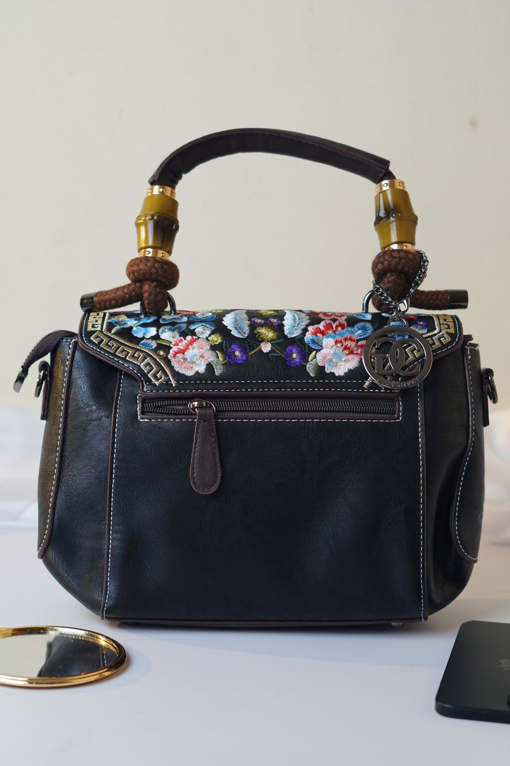 Embroidered black Satchel
