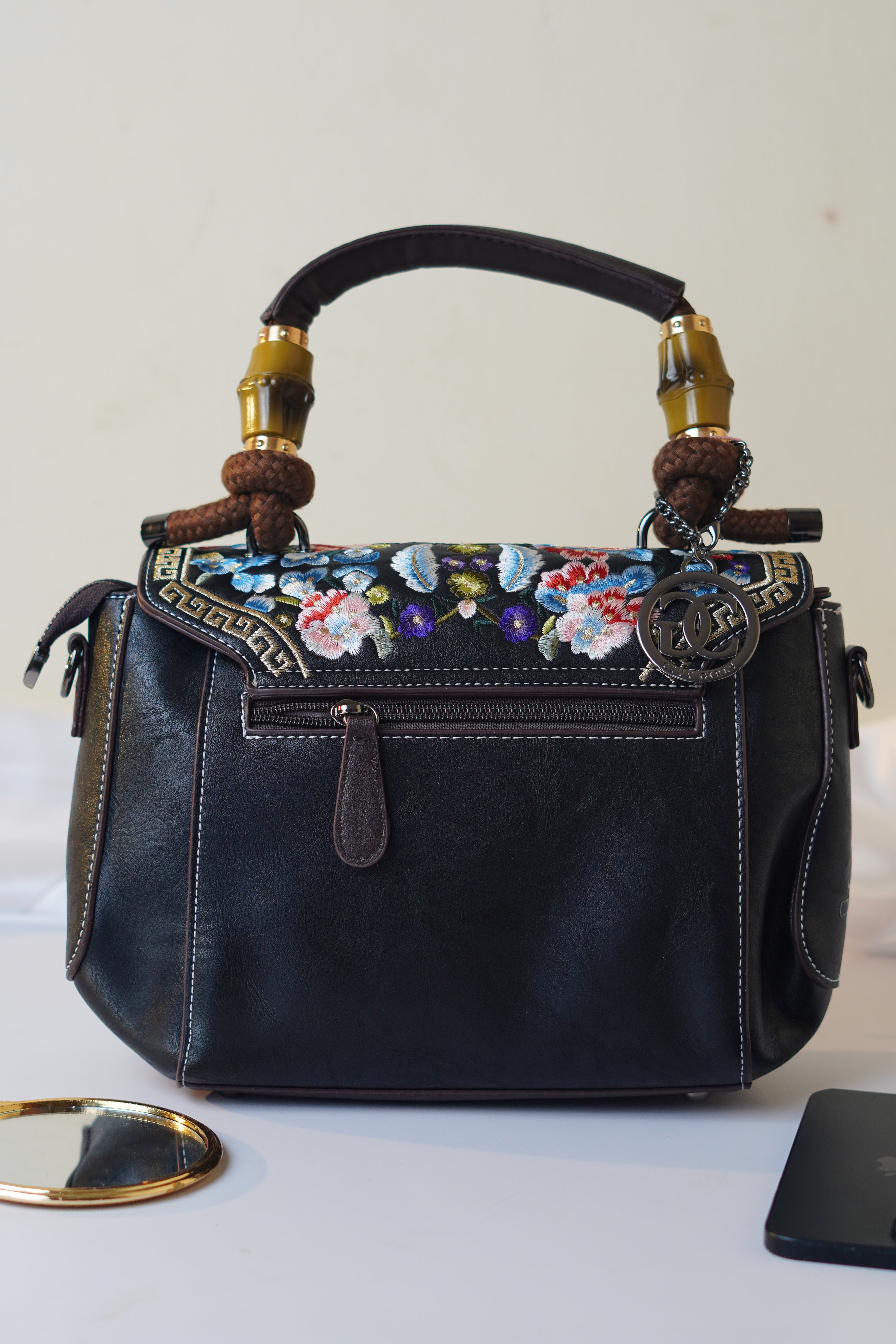 Embroidered black Satchel