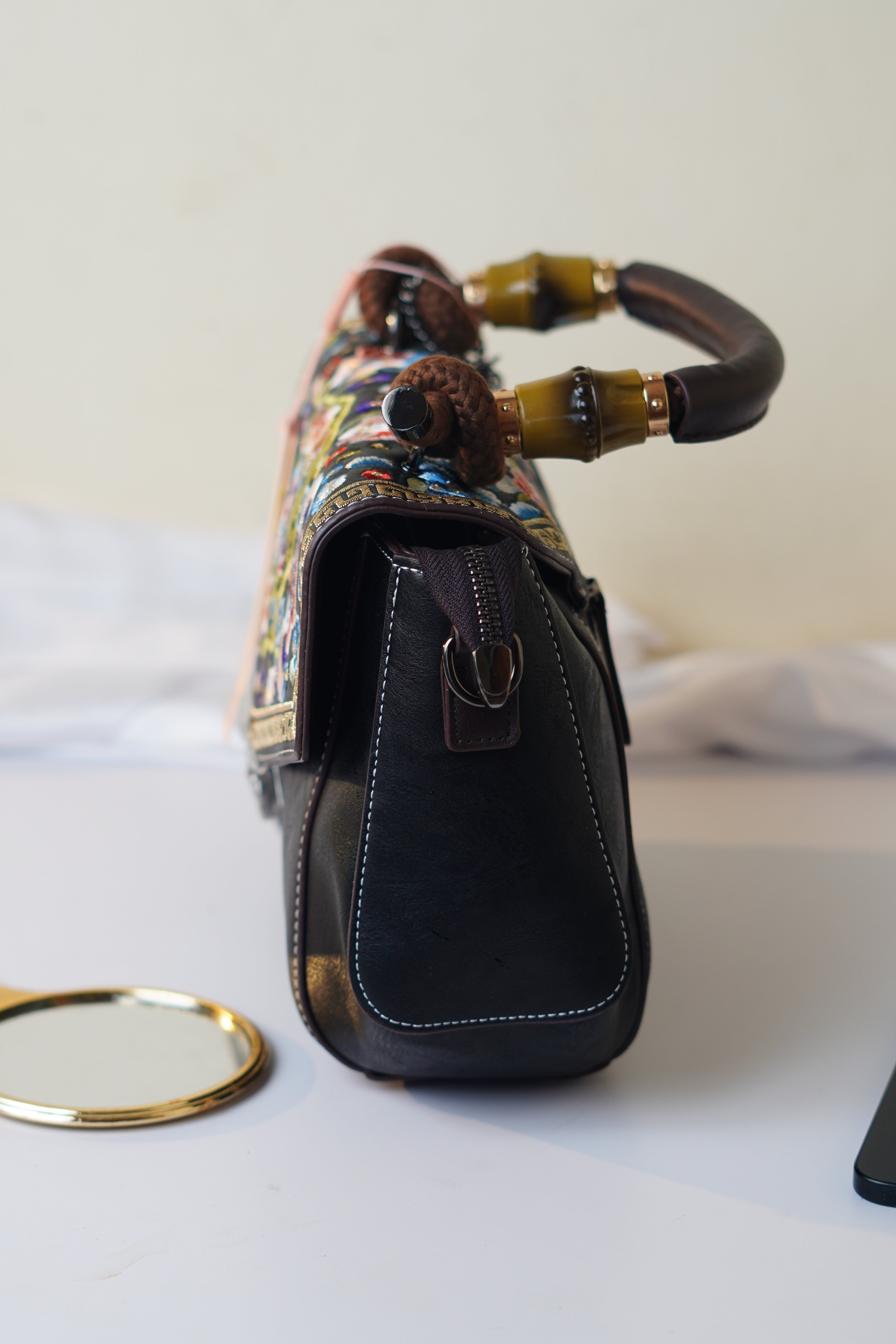 Embroidered black Satchel