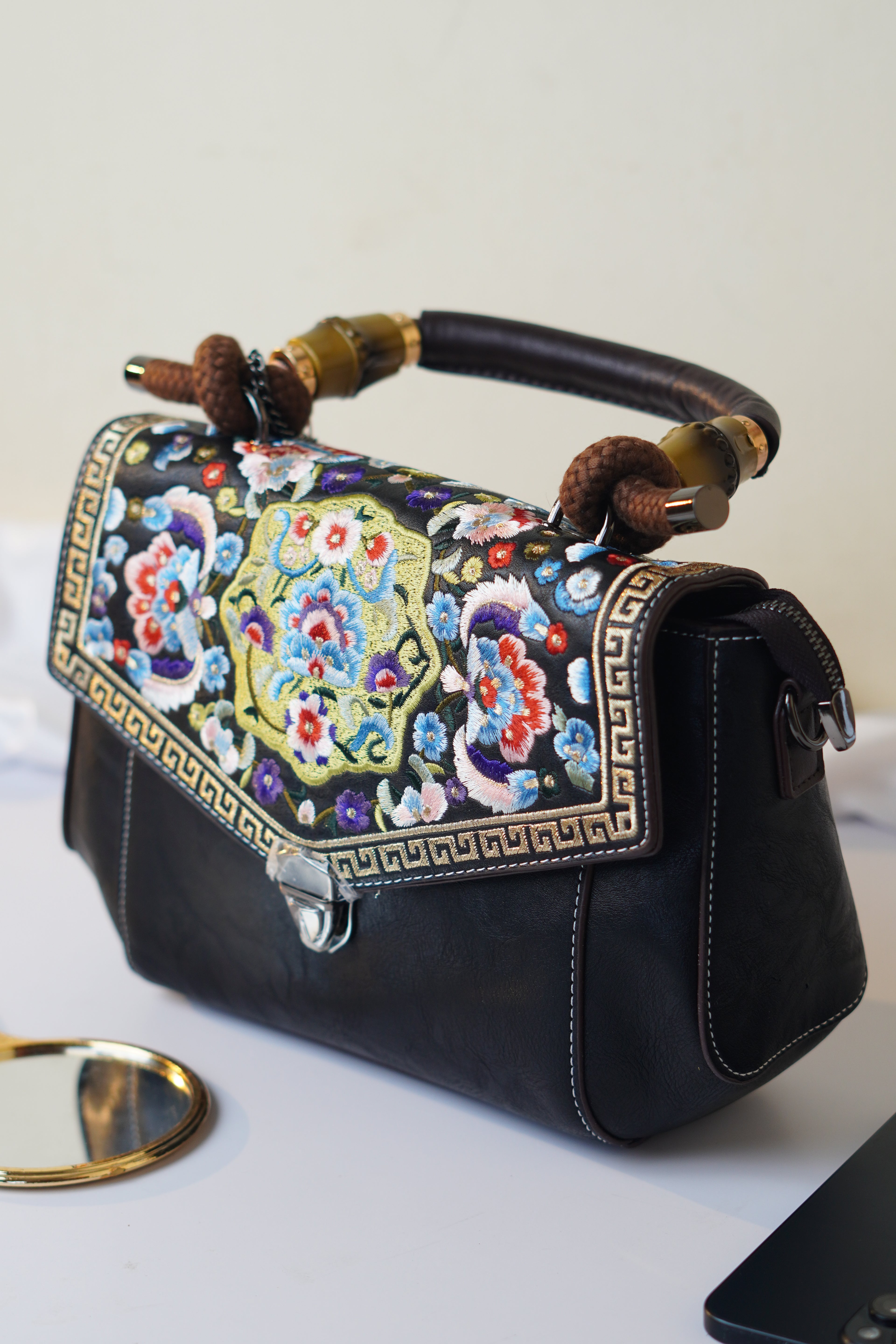 Embroidered black Satchel